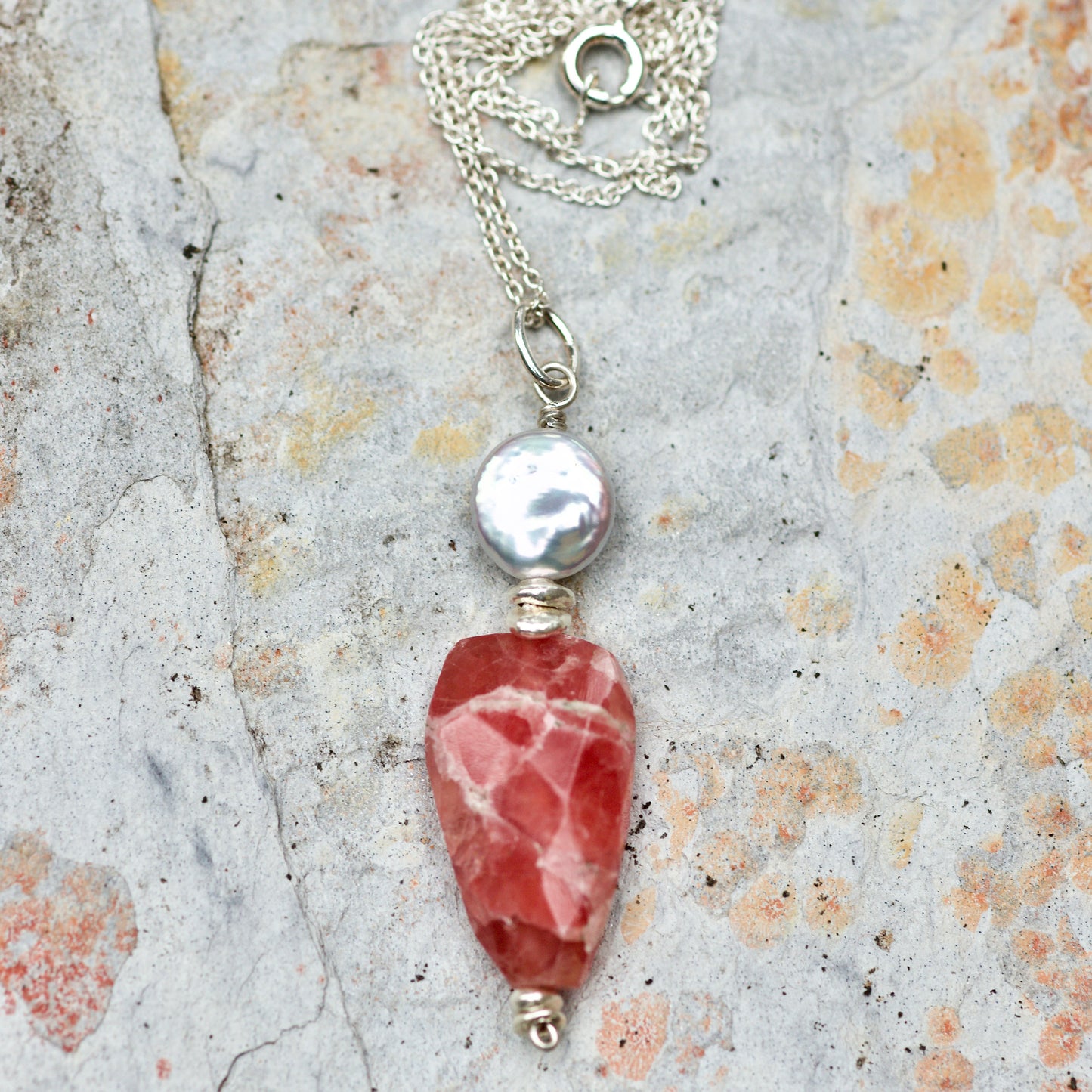 Coin Pearl, Rhodochrosite, Thai and Sterling Silver Pendant Necklace