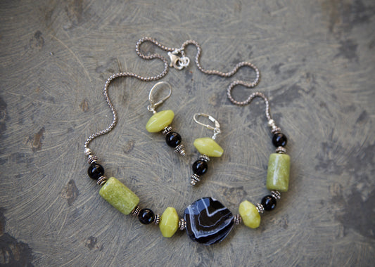 Black Banded Agate, Serpentine, Onyx, and Sterling Silver Necklace and Earrings Set