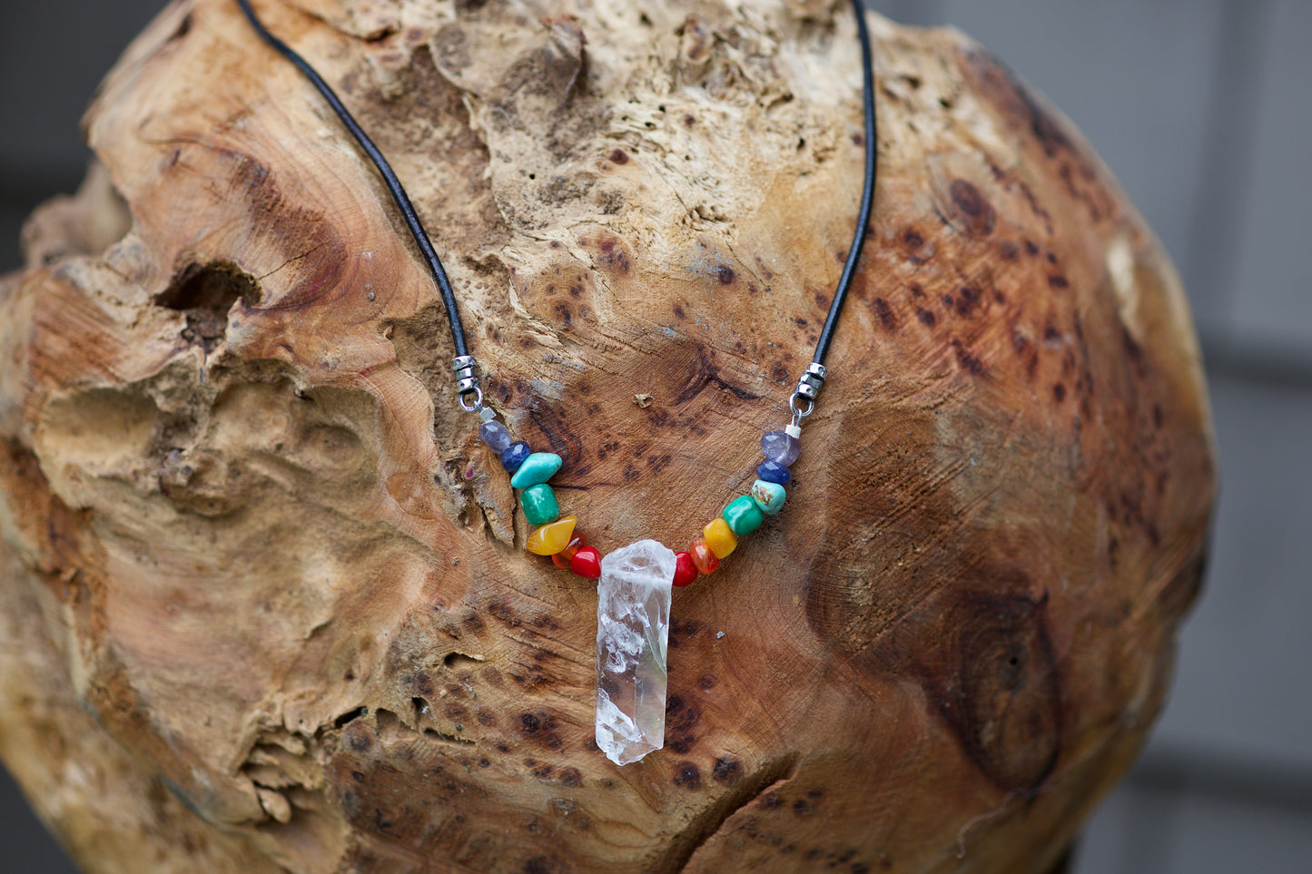 Rainbow / Pride / Chakra Stones and Clear Quartz Warrior Crystal, Sterling Silver, and Leather Necklace