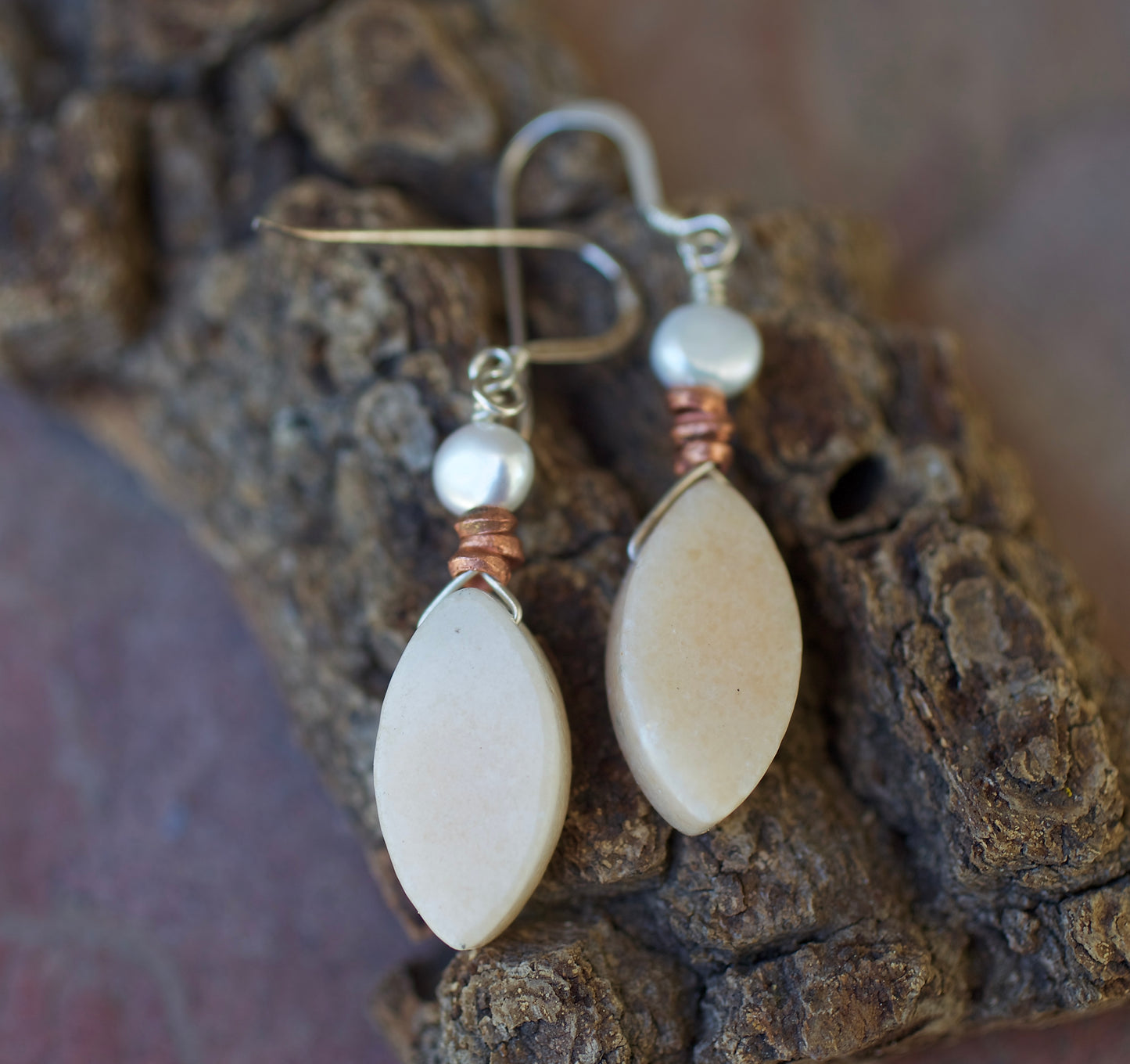 Sale! Freshwater Pearl, Copper, Peach Quartz, and Sterling Silver Earrings