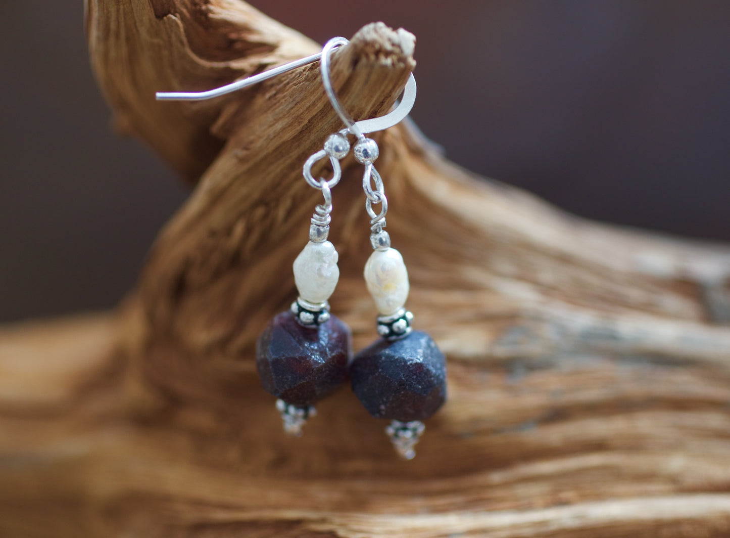 Freshwater Pearl, Garnet, and Sterling Silver Earrings