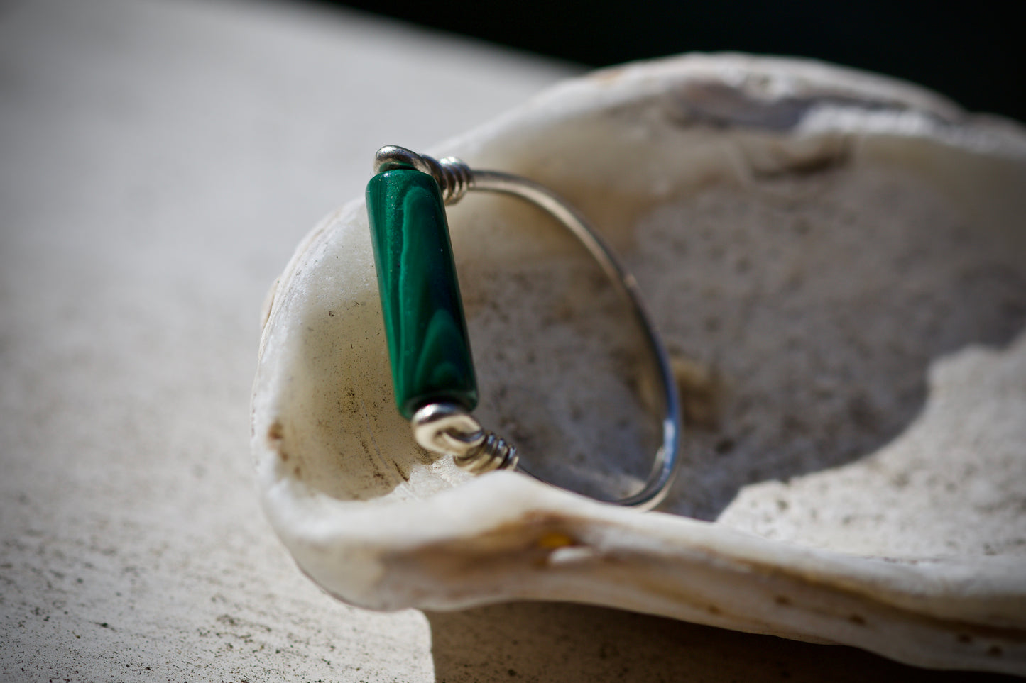 Malachite and Sterling Silver Wire Ring, size 7-7.25