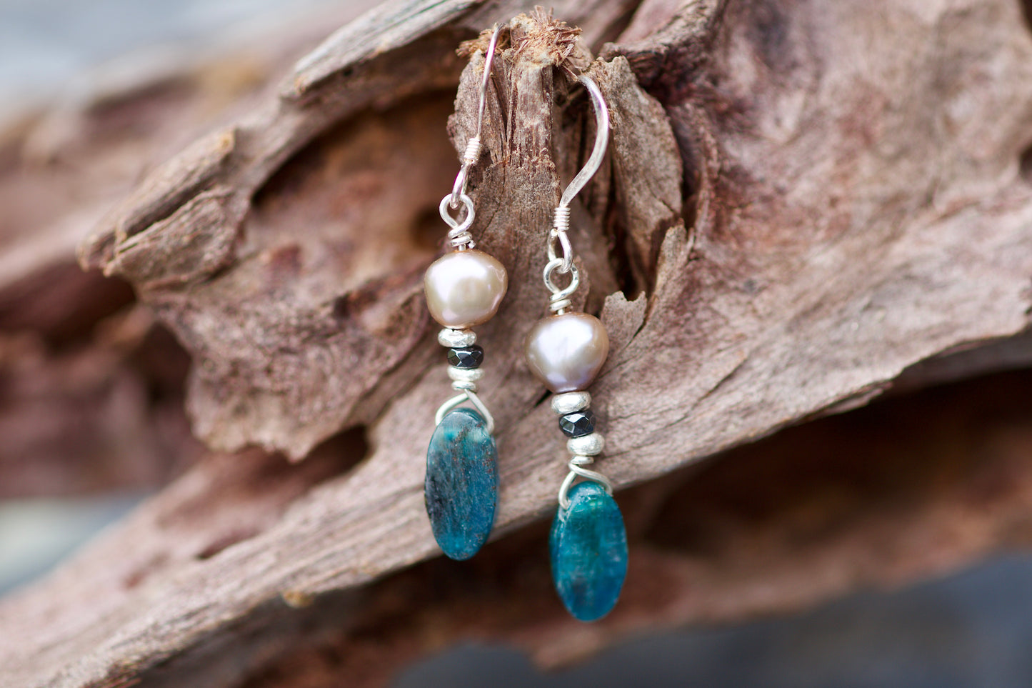 Lavender Freshwater Pearl, Hematite, Blue Apatite, and Sterling Silver Earrings