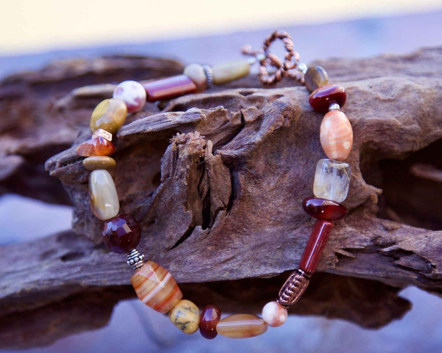 Orange Stones, Sterling Silver, and Copper Bracelet to fit an 8 inch wrist