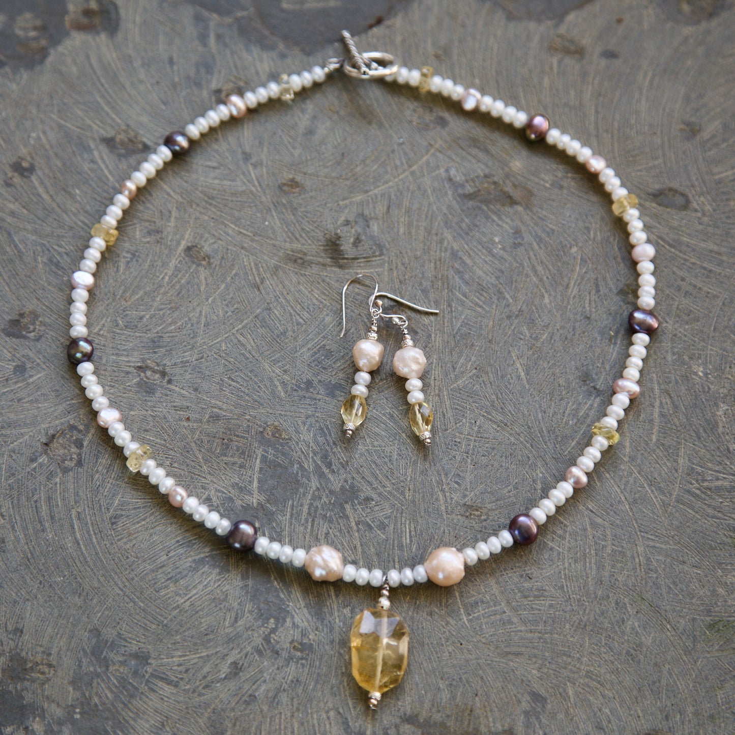 Salt Pearl, Freshwater Pearl, Citrine, and Sterling Silver Necklace and Earrings Set