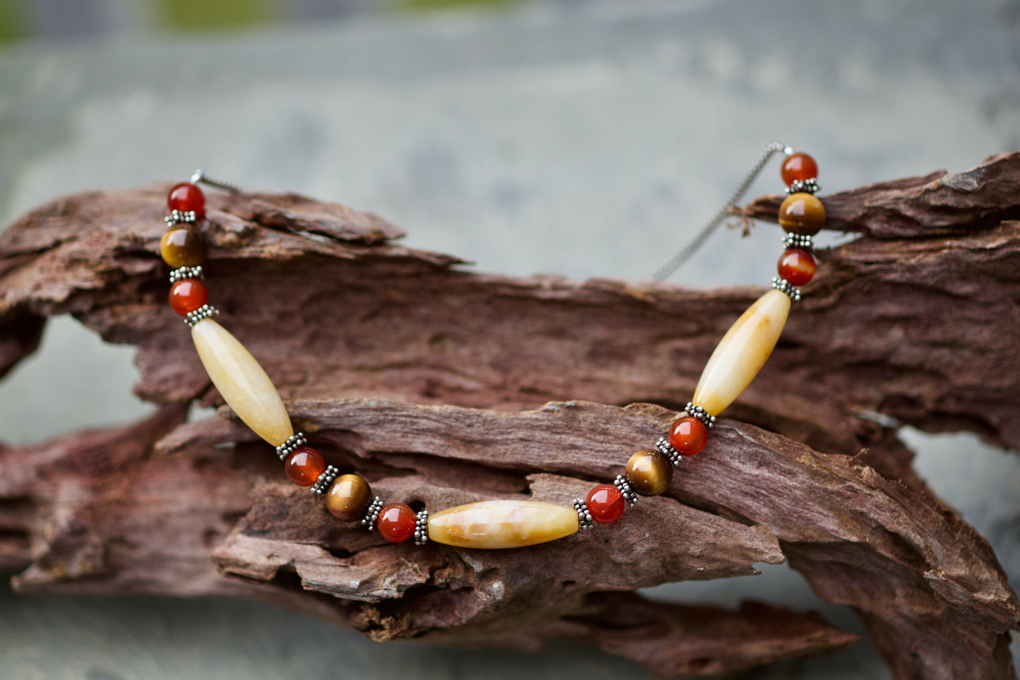 Agate, Carnelian, Tiger Eye, and Sterling Silver Necklace