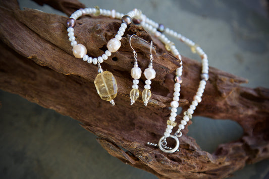 Salt Pearl, Freshwater Pearl, Citrine, and Sterling Silver Necklace and Earrings Set