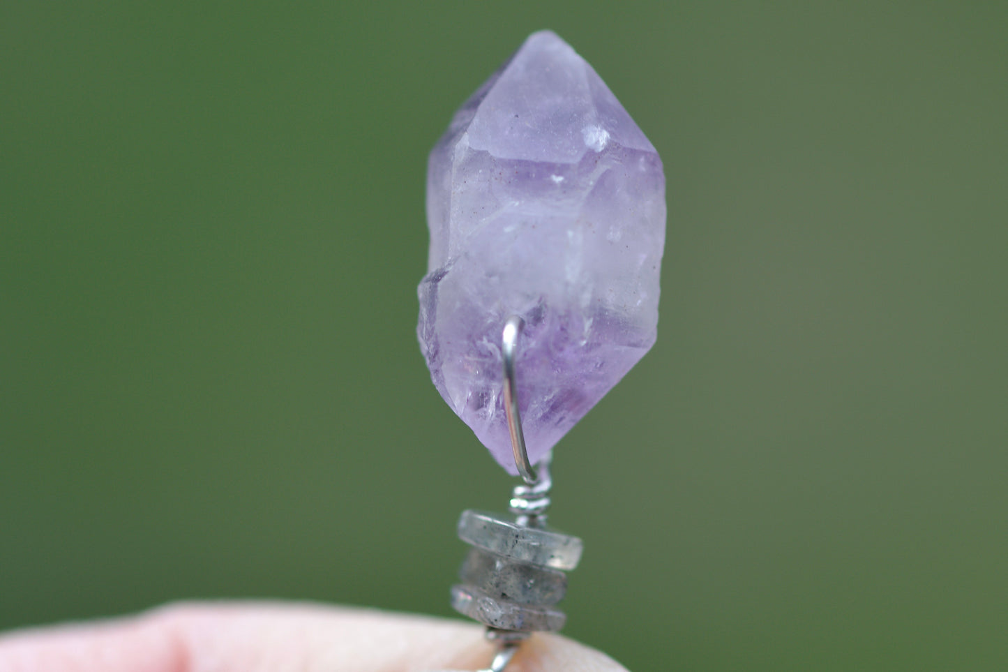 Double Termination Amethyst Crystal, Labradorite, and Sterling Silver Pendant Necklace