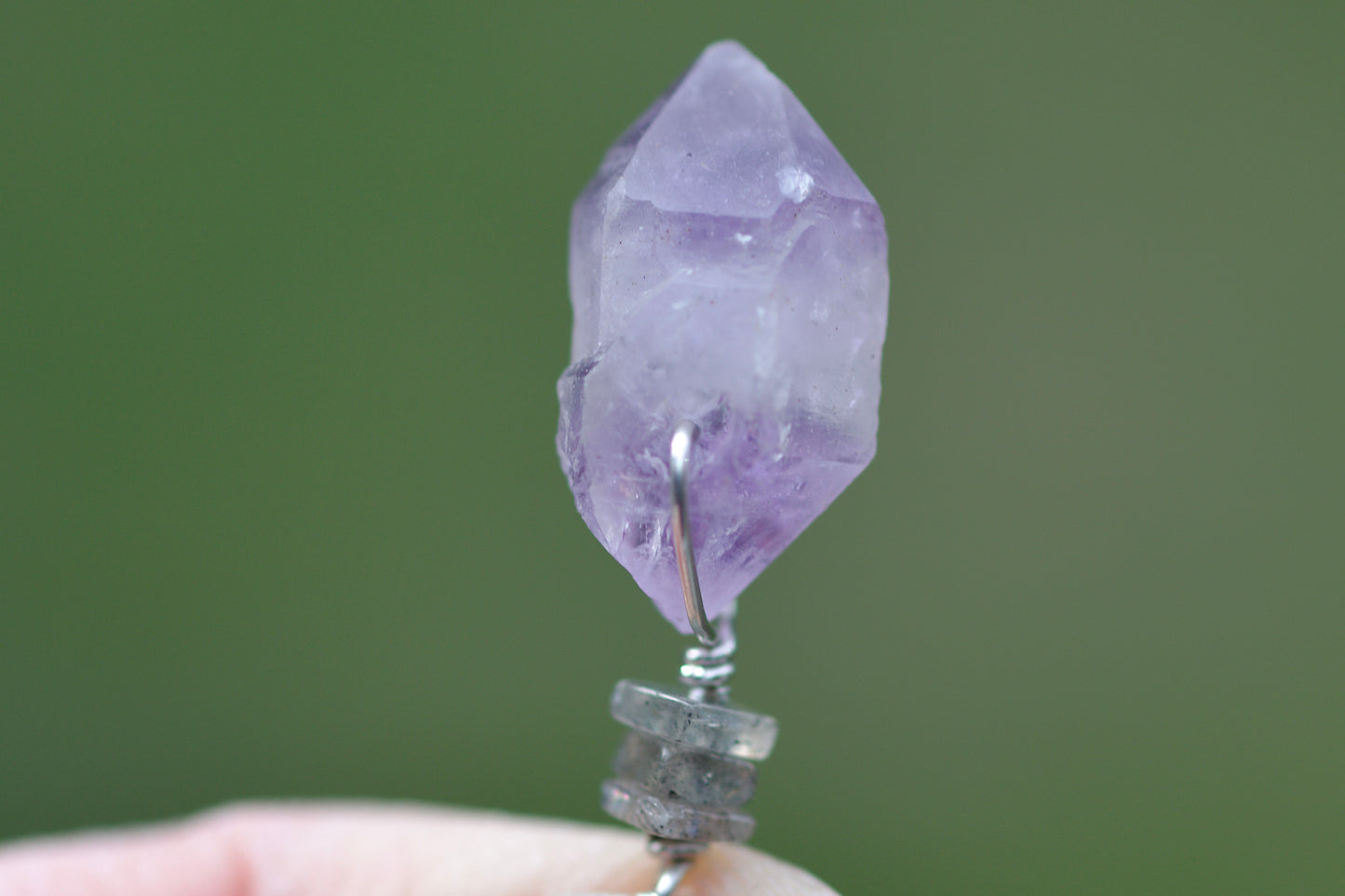 Double Termination Amethyst Crystal, Labradorite, and Sterling Silver Pendant Necklace