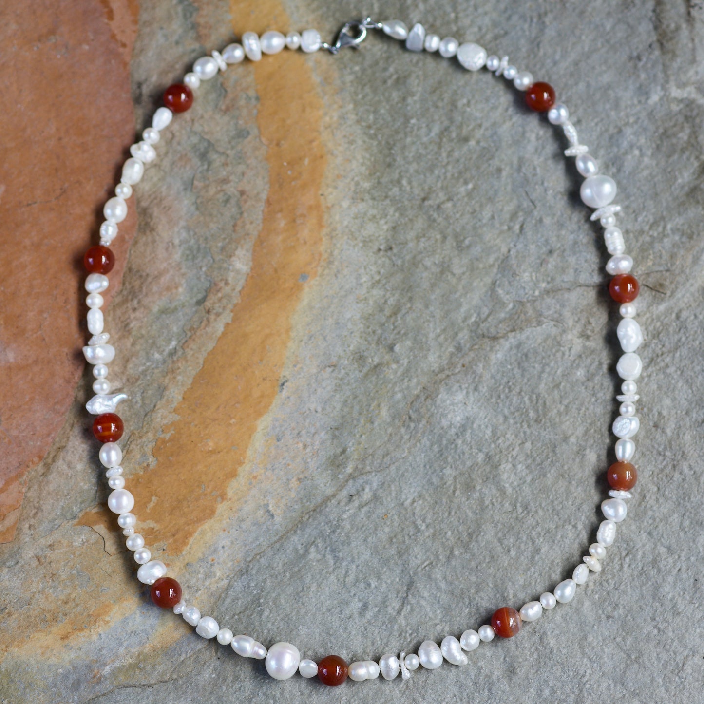 Freshwater Pearl, Carnelian, and Sterling Silver Necklace