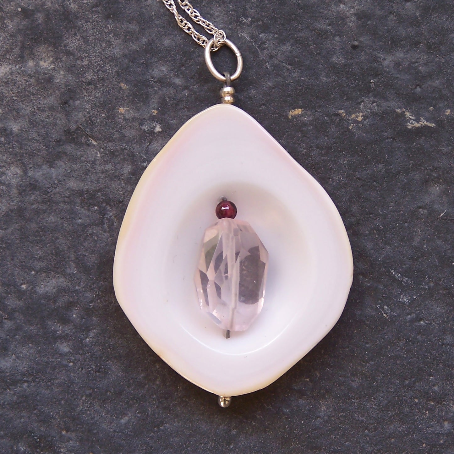 Shell, Rose Quartz, Garnet and Sterling Silver Pendant Necklace