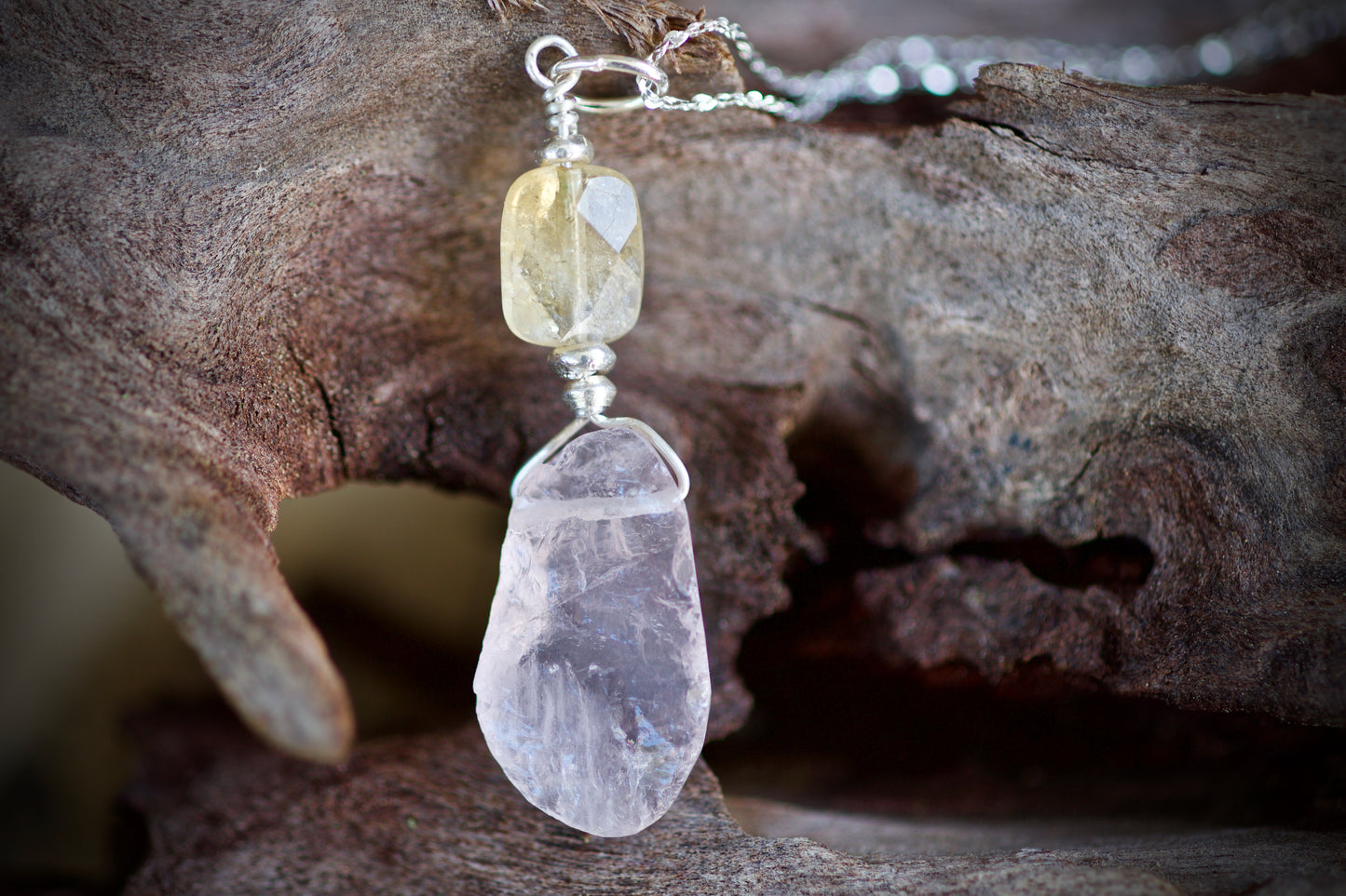 Sale! Citrine, Rose Quartz, Thai and Sterling Silver Pendant Necklace