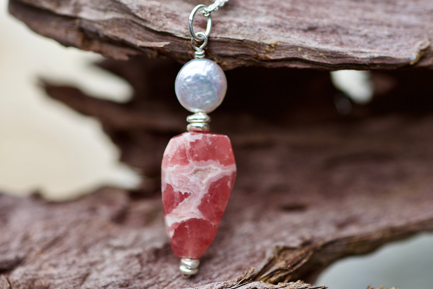 Coin Pearl, Rhodochrosite, Thai and Sterling Silver Pendant Necklace