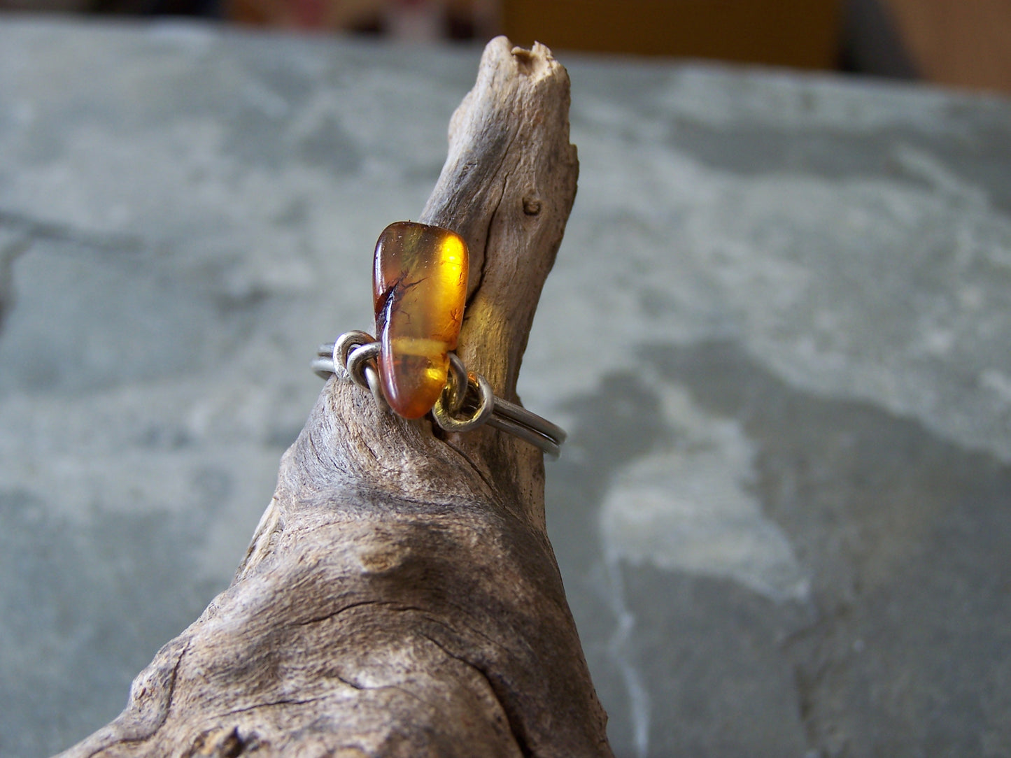 Amber and Sterling Silver Wire Ring, size 7.5