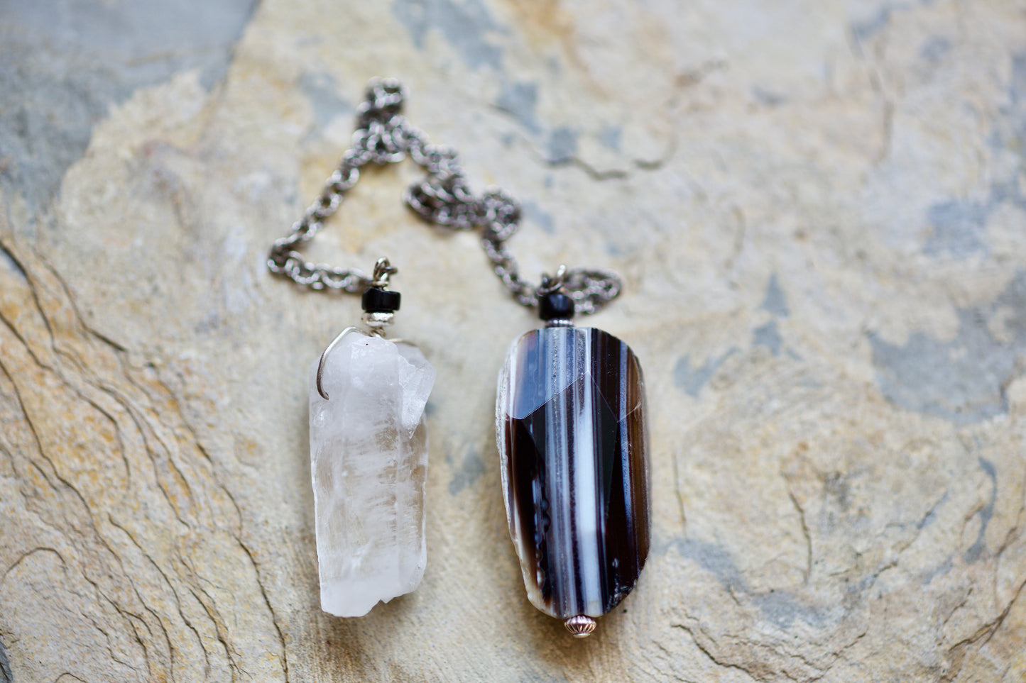 Black Banded Agate, Obsidian, Clear Quartz Warrior and Dolphin Crystal, and Sterling Silver Double-sided Pendulum