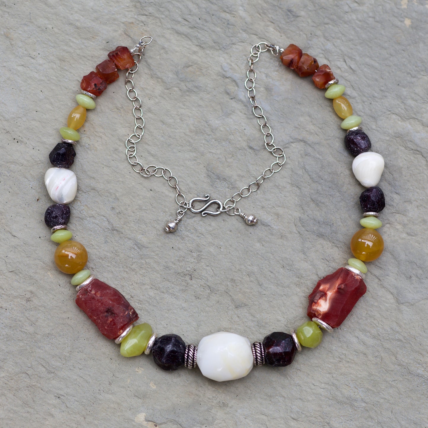 Adjustable Length Multi-stone Necklace with Raw Carnelian and Garnet, Thai and Sterling Silver