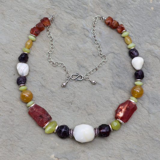 Adjustable Length Multi-stone Necklace with Raw Carnelian and Garnet, Thai and Sterling Silver