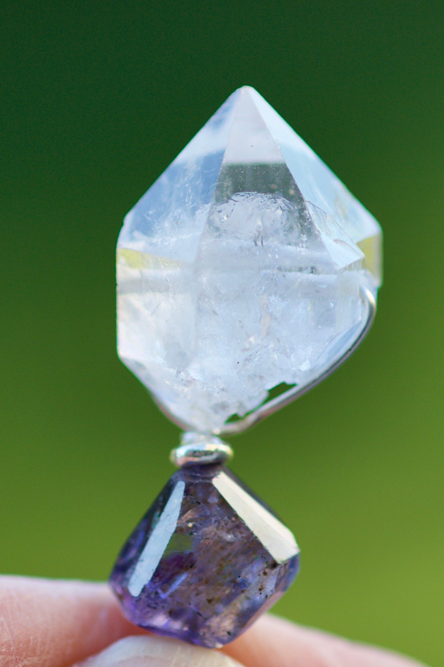 Double Termination Tibetan Quartz Crystal, Iolite, Thai and Sterling Silver Pendant Necklace