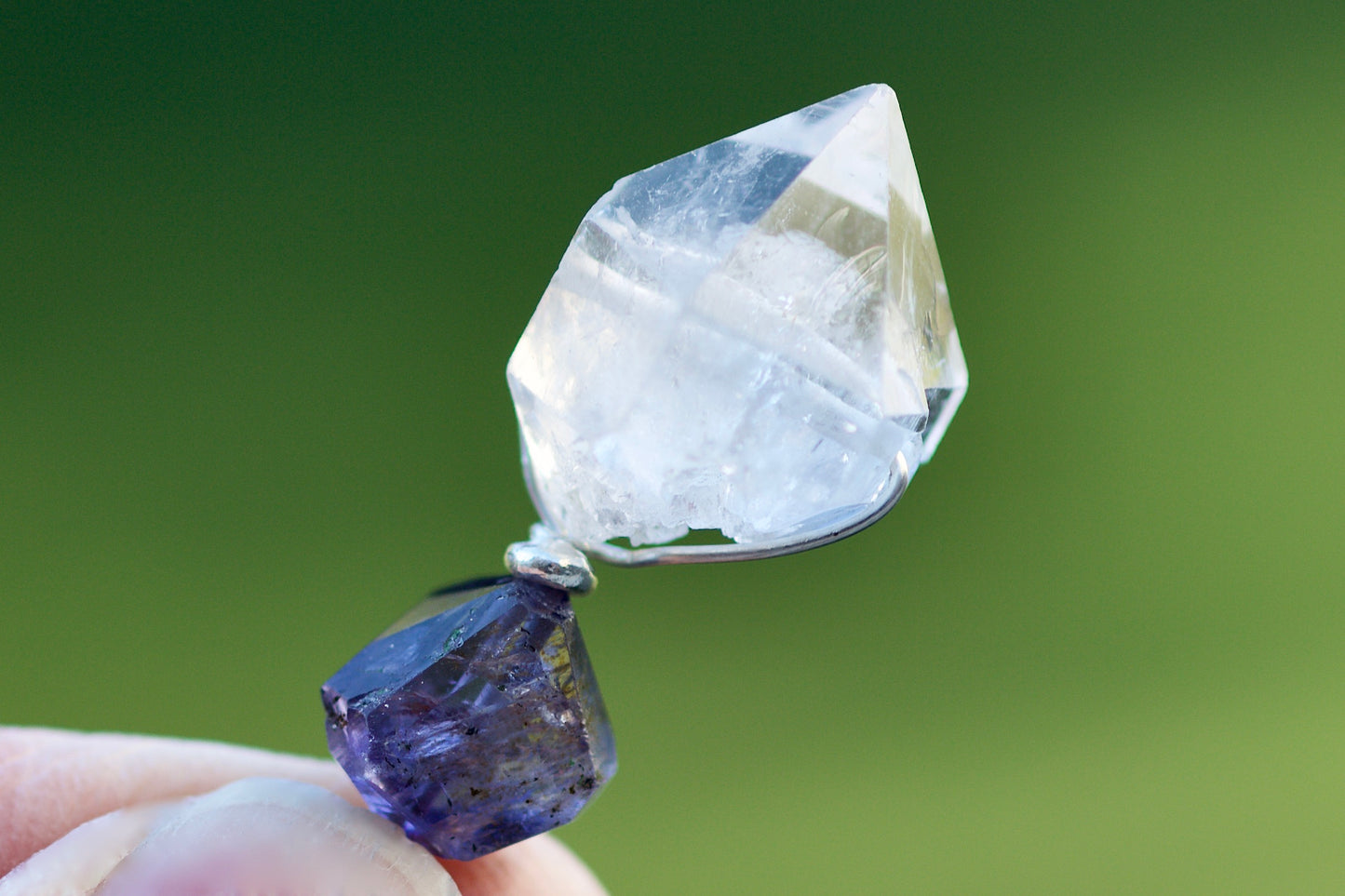 Double Termination Tibetan Quartz Crystal, Iolite, Thai and Sterling Silver Pendant Necklace
