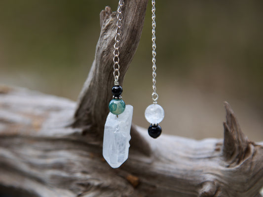 Obsidian, Moss Agate, Clear Quartz Crystal Point, and Sterling Silver Double-sided Pendulum
