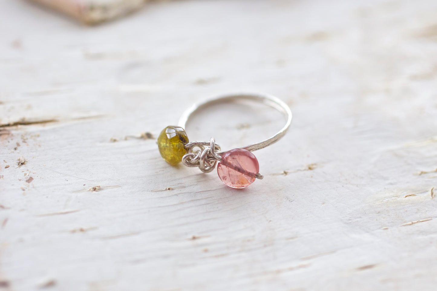 Green and Pink Spinel and Sterling Silver Wire Ring, size 9