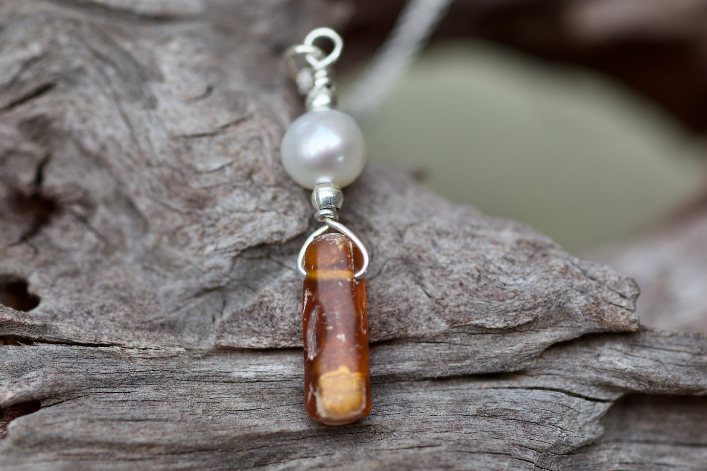 Freshwater Pearl, Orange Kyanite, and Sterling Silver Pendant Necklace