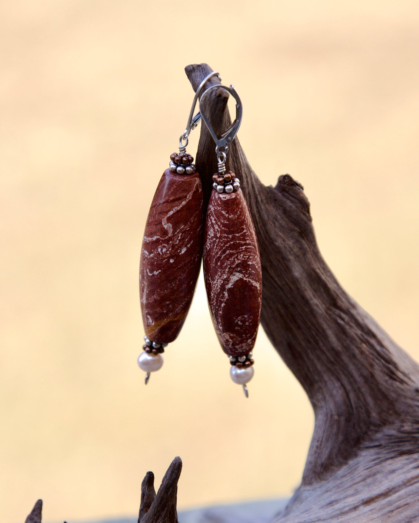 Red Jasper, Copper and Sterling Silver Lever Back Earrings