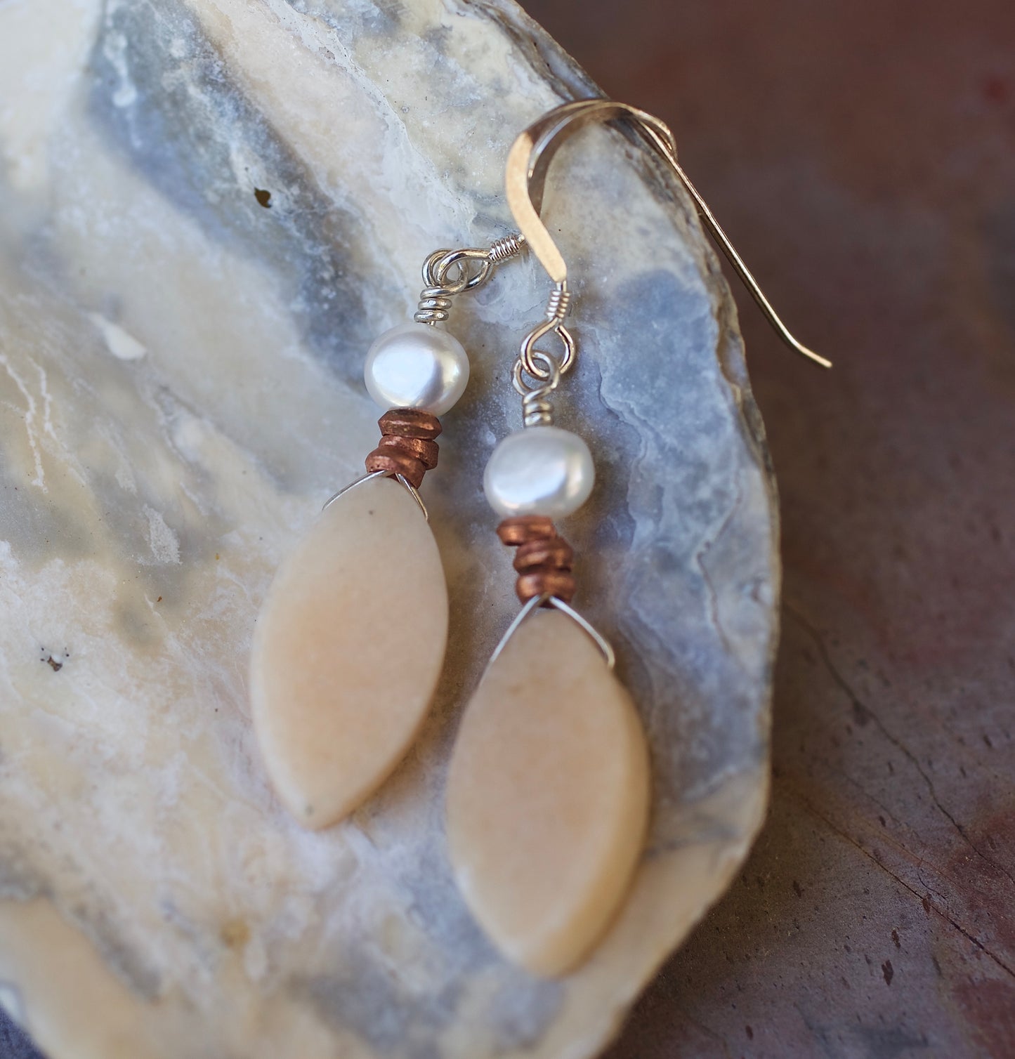 Sale! Freshwater Pearl, Copper, Peach Quartz, and Sterling Silver Earrings