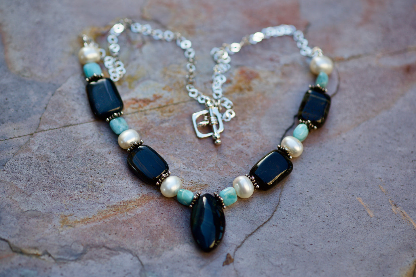 Hawk Eye (Blue Tiger Eye), Larimar, Freshwater Pearl, and Sterling Silver Necklace