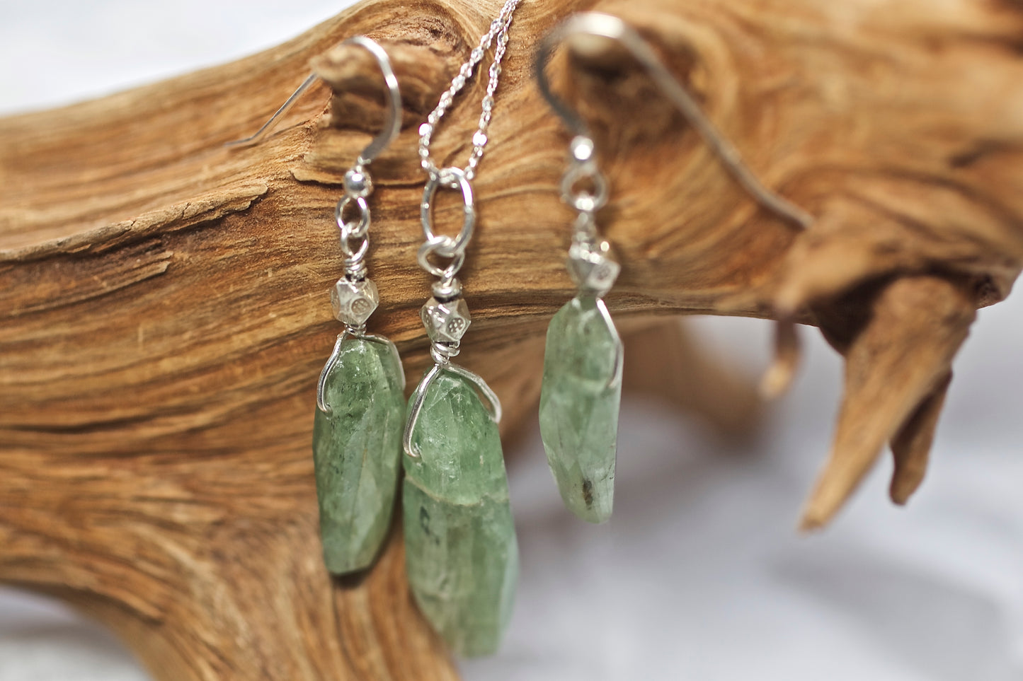 Handcut Green Kyanite, Thai and Sterling Silver Earrings and Pendant Set