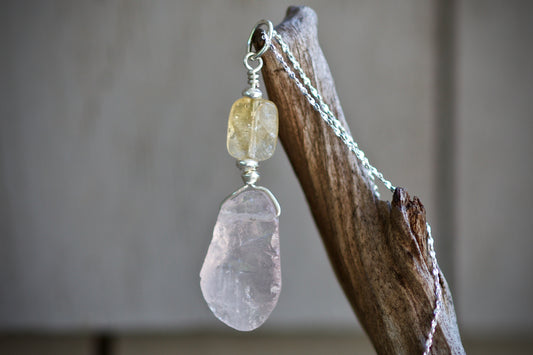 Sale! Citrine, Rose Quartz, Thai and Sterling Silver Pendant Necklace