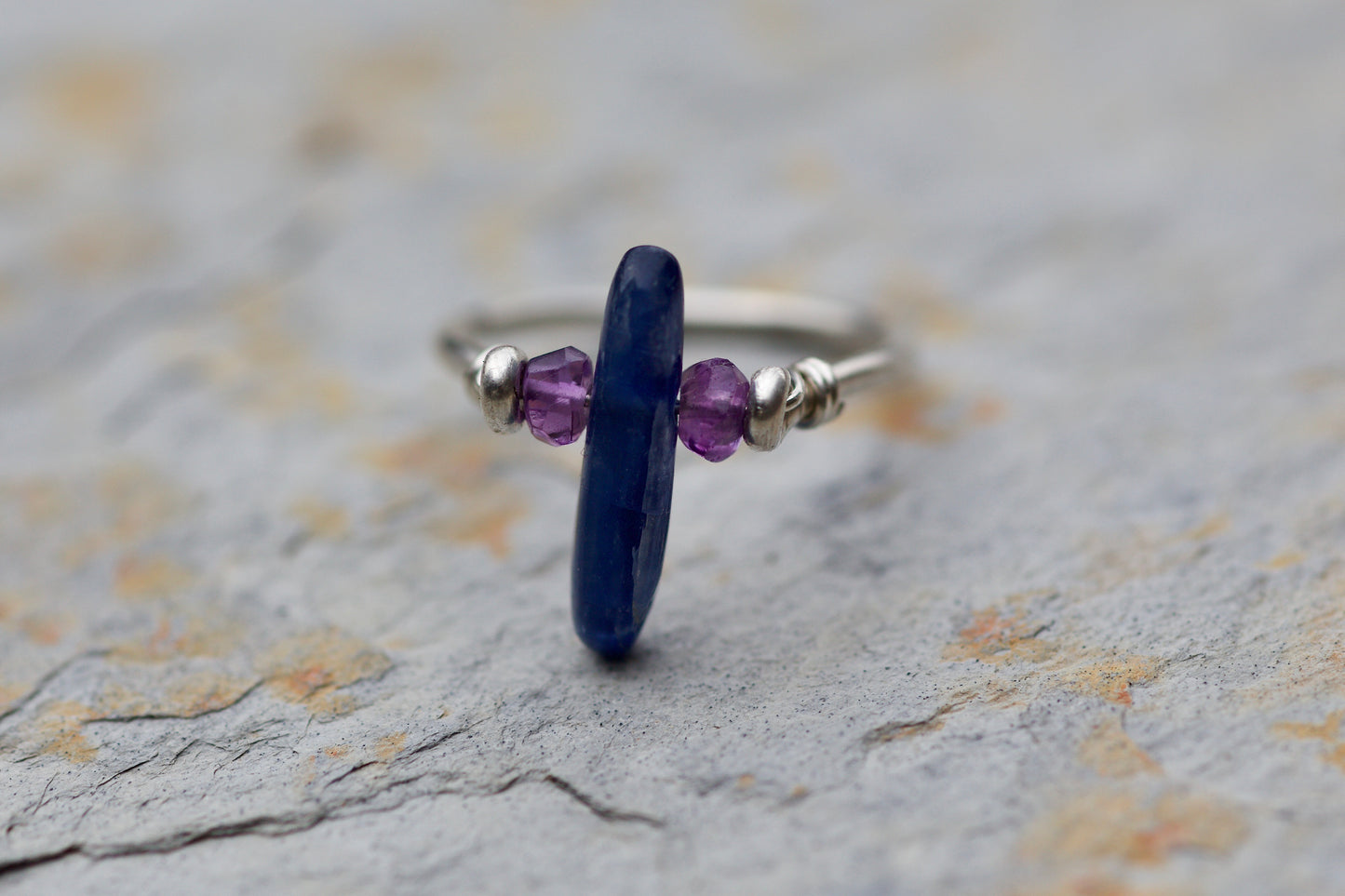 Blue Kyanite, Amethyst, and Sterling Silver Wire Ring, size 4.25