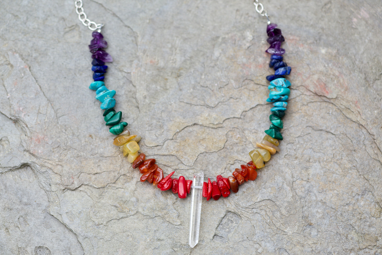 Rainbow / Pride / Chakra Stones, Clear Quartz Dow Crystal, and Sterling Silver Adjustable Length Necklace