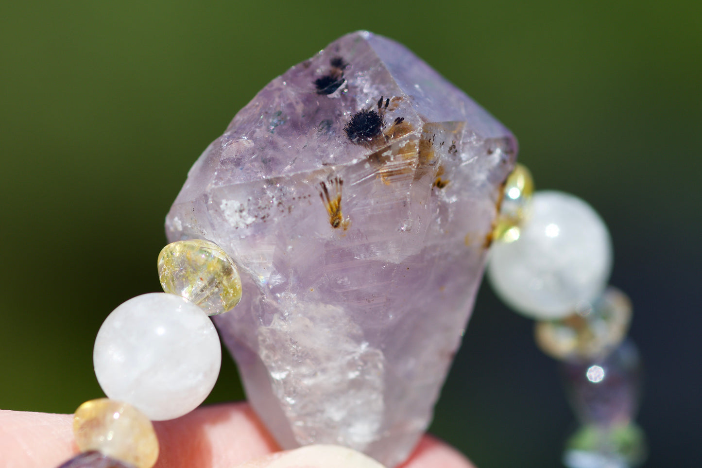 Amethyst Crystal Point with Inclusions, Clear Quartz, Milky Quartz, Iolite, and Sterling Silver Necklace