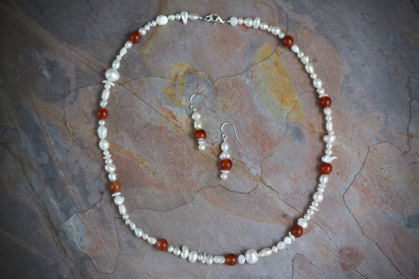 Freshwater Pearl, Carnelian, and Sterling Silver Necklace