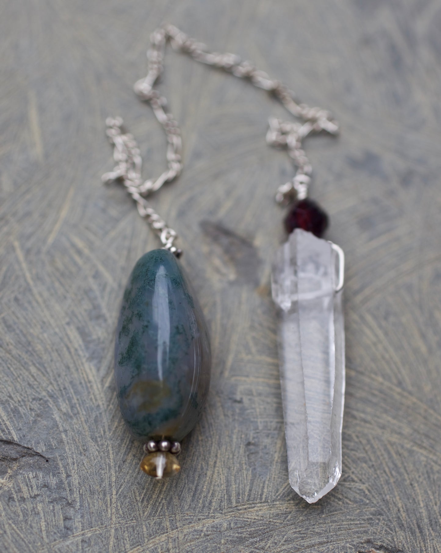 Moss Agate, Citrine, Garnet, Clear Quartz Crystal, and Sterling Silver Double-sided Pendulum