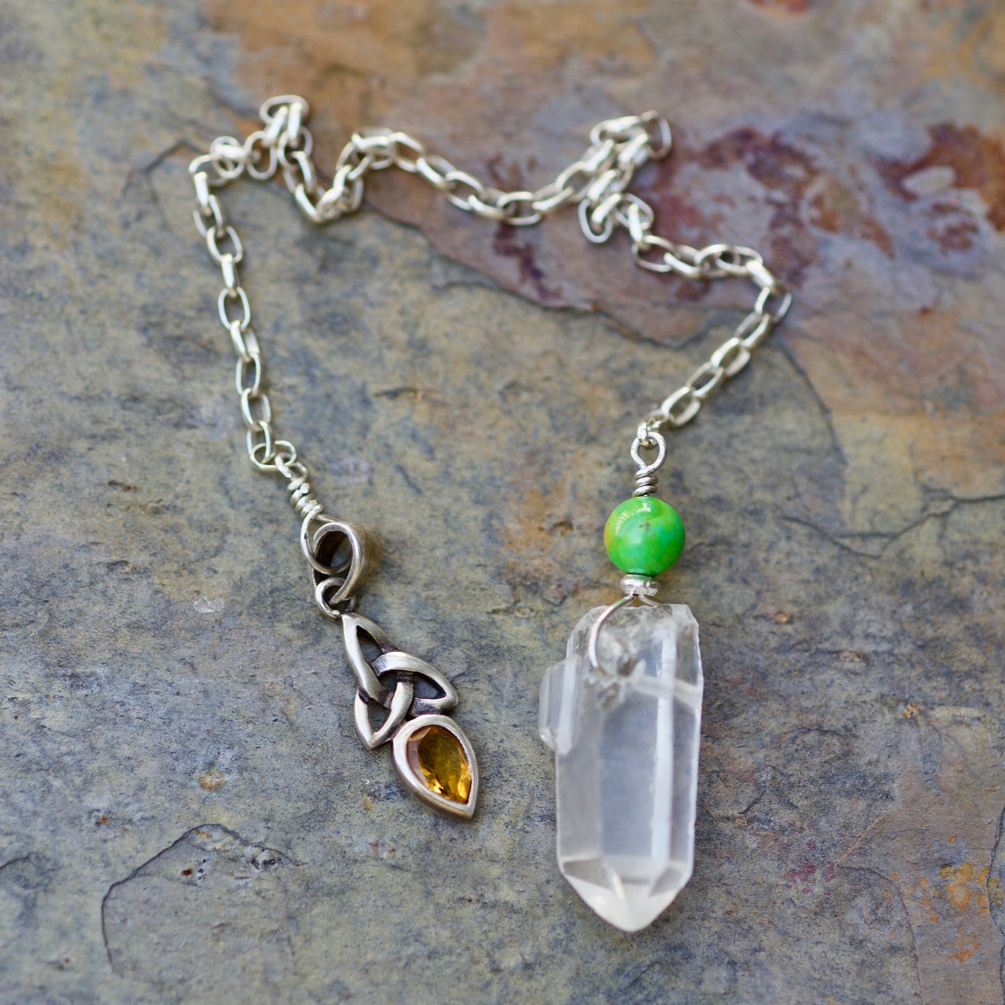 Celtic Triquetra & Citrine Charm, Mojave Turquoise, Clear Quartz Dolphin Dow Crystal, and Sterling Silver Double-sided Pendulum