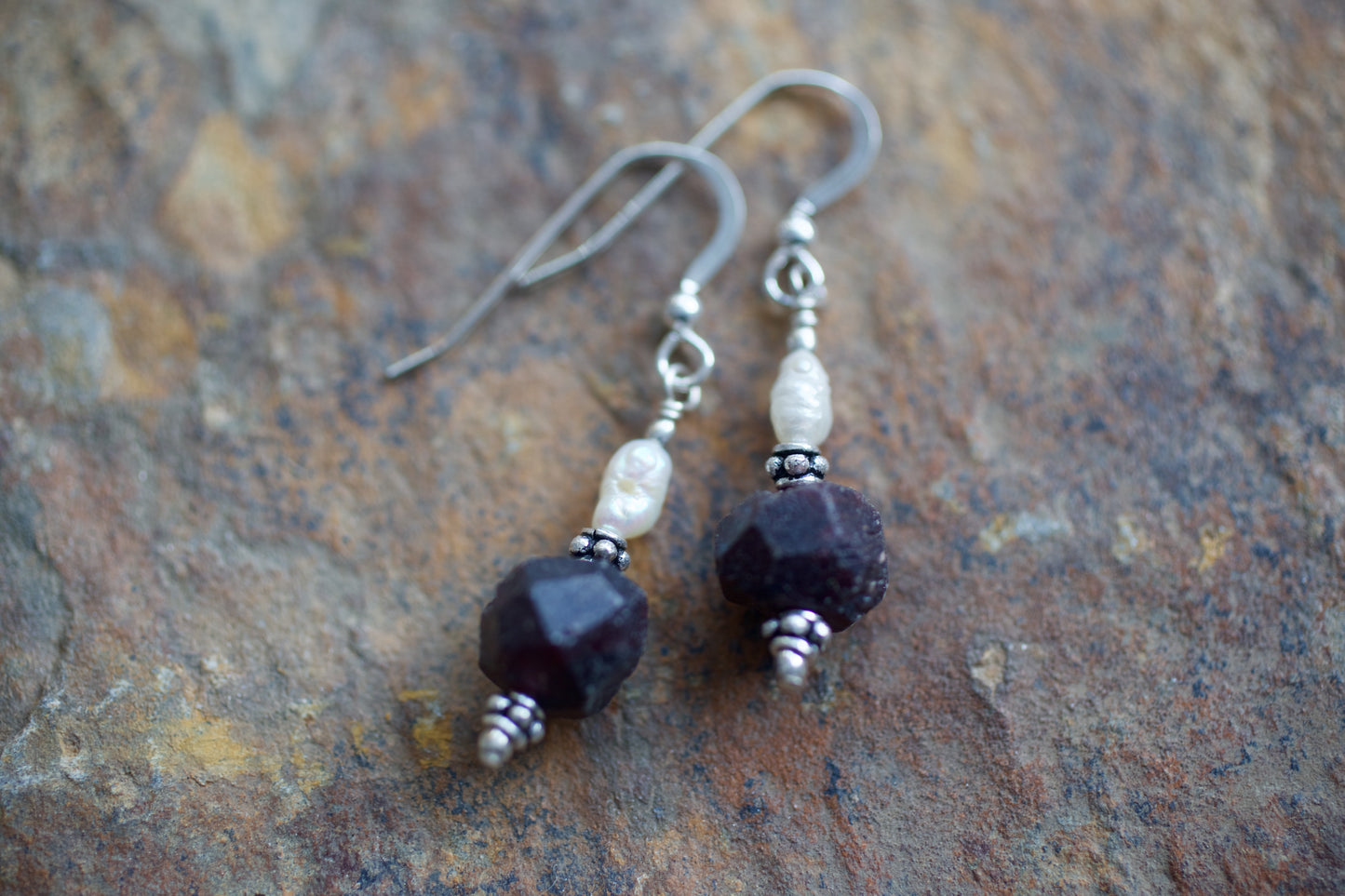 Freshwater Pearl, Garnet, and Sterling Silver Earrings