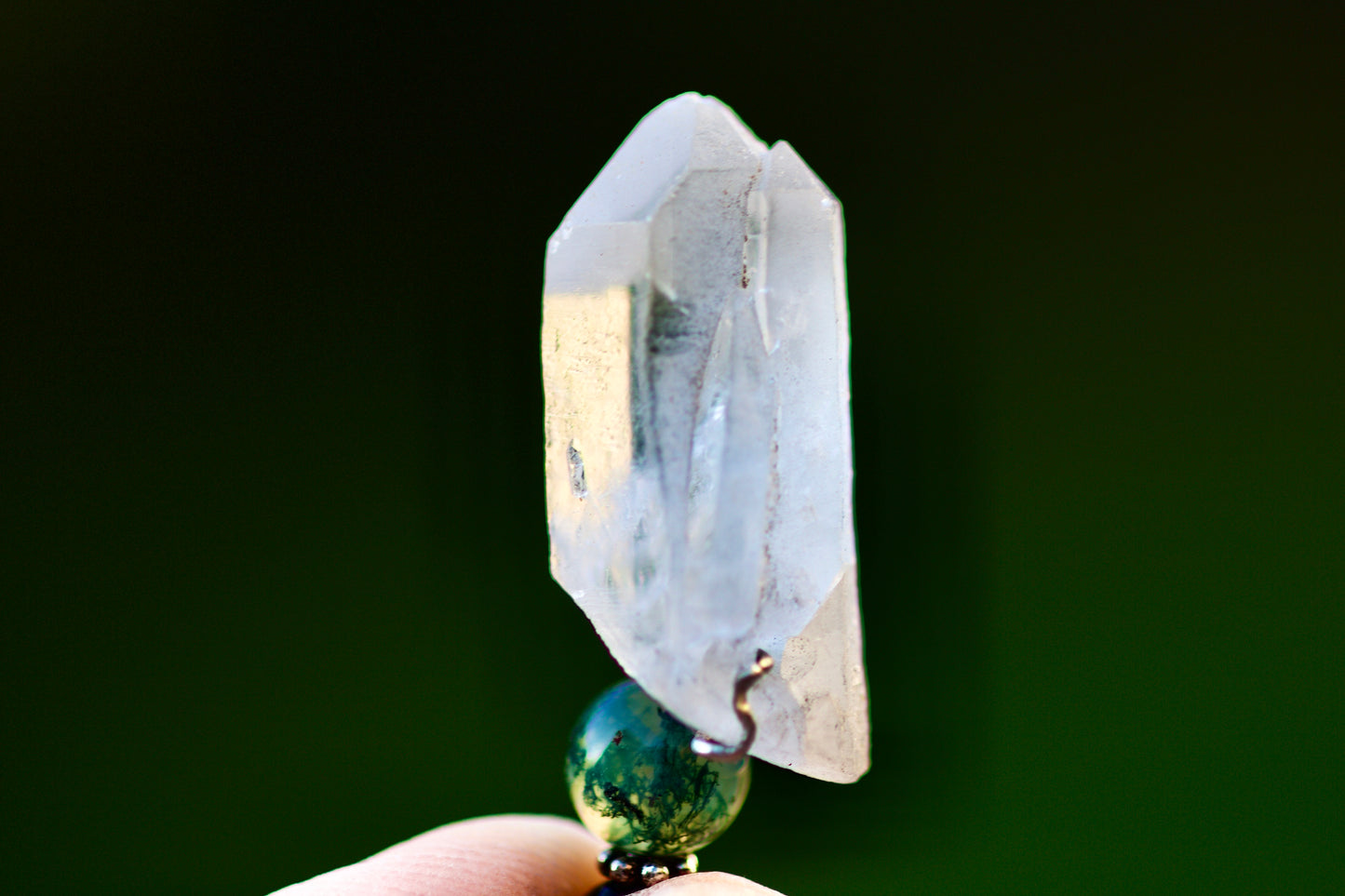 Obsidian, Moss Agate, Clear Quartz Crystal Point, and Sterling Silver Double-sided Pendulum