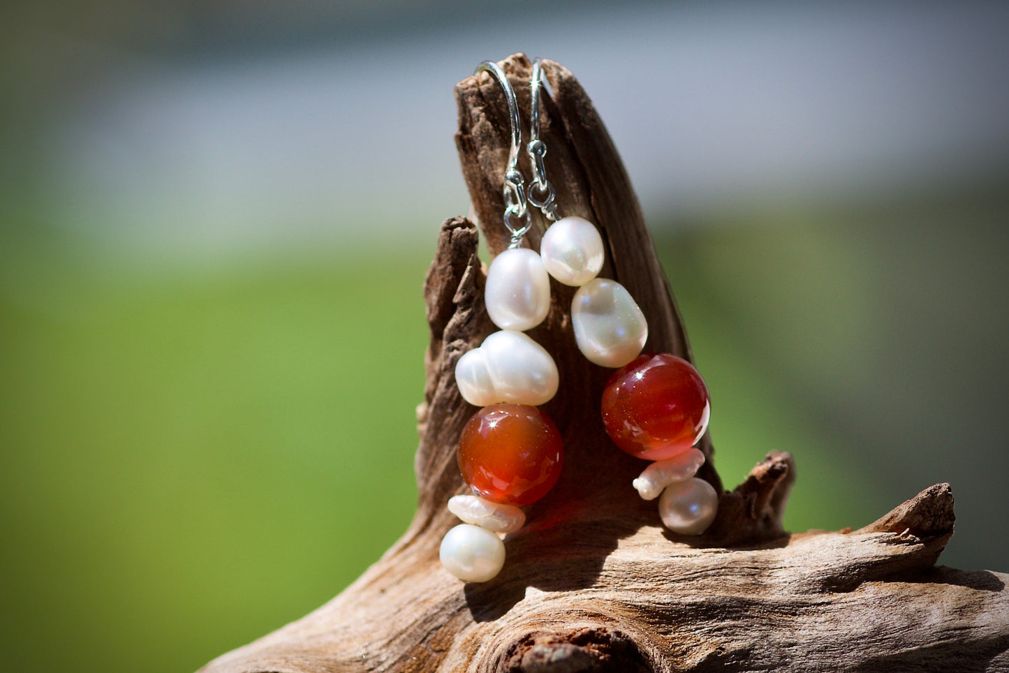 Freshwater Pearl, Carnelian, and Sterling Silver Earrings