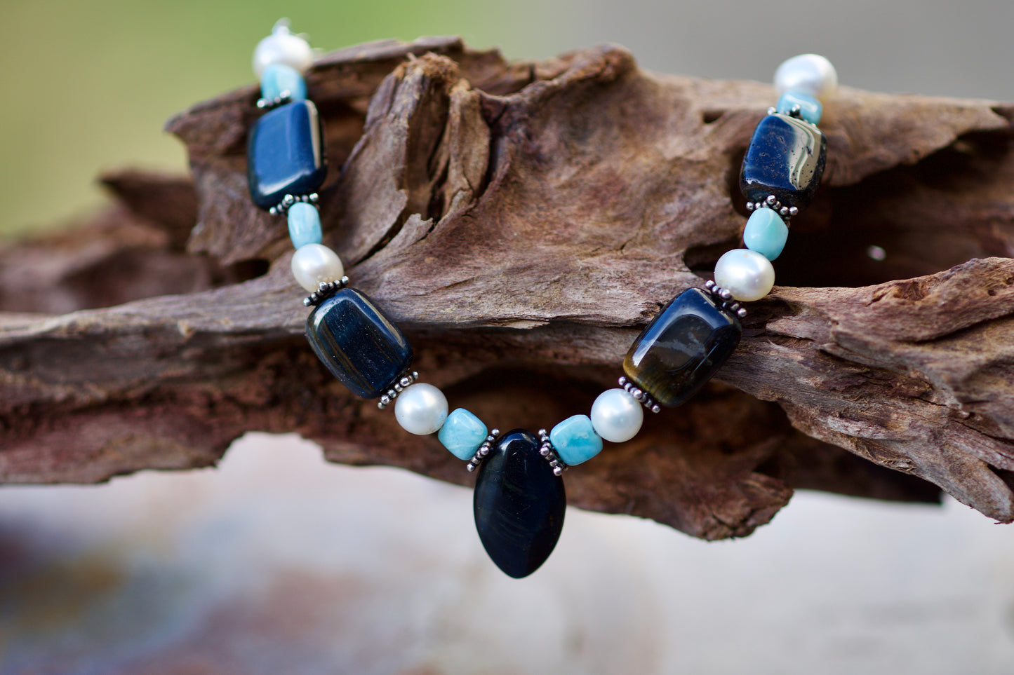 Hawk Eye (Blue Tiger Eye), Larimar, Freshwater Pearl, and Sterling Silver Necklace