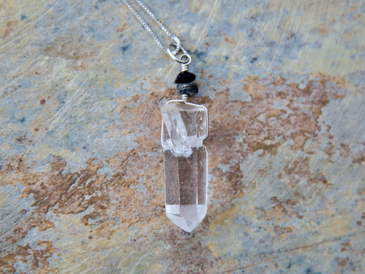 Black Coral, Pyrite, Clear Quartz Penetrator Crystal Point, and Sterling Silver Pendant Necklace