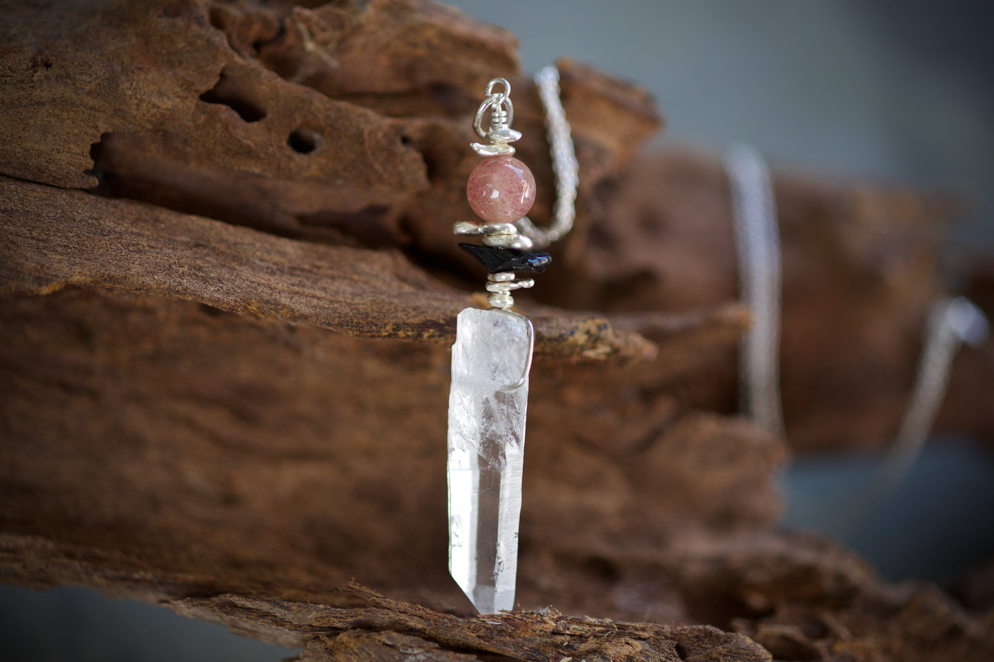 Clear Quartz Crystal Point, Black Tourmaline, Lepidolite, and Sterling Silver Pendant Necklace