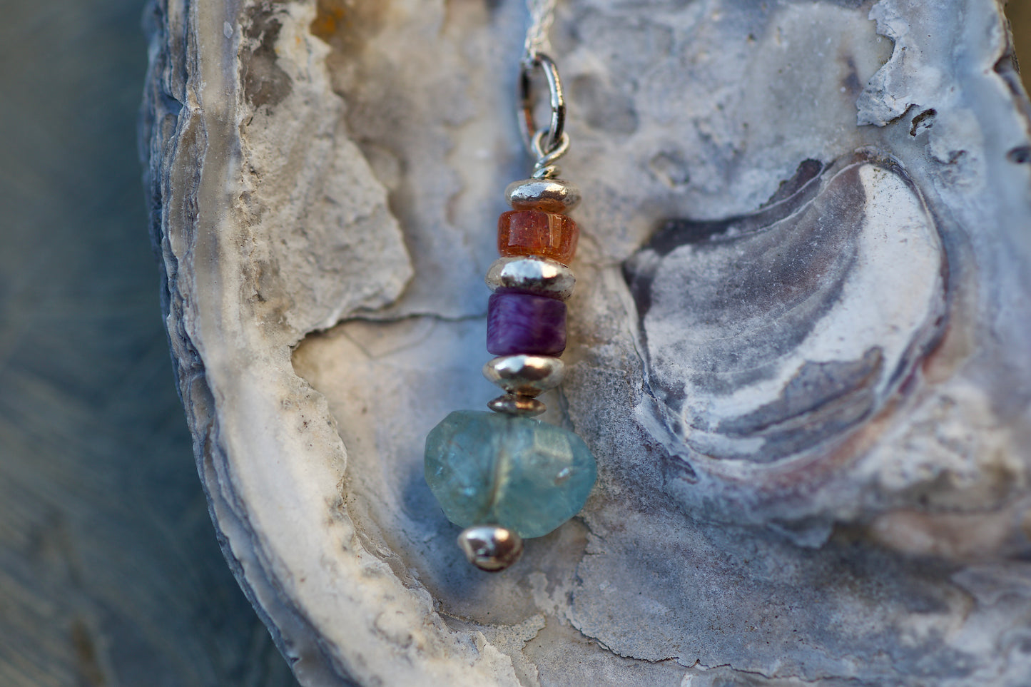 Sunstone, Charoite, Aquamarine, Thai and Sterling Silver Pendant Necklace