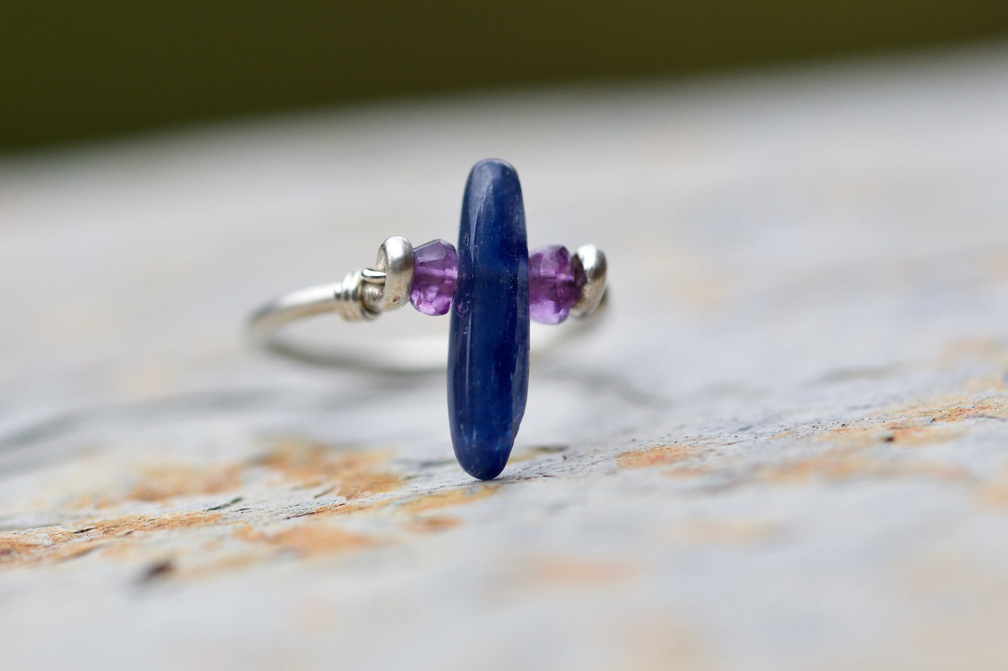 Blue Kyanite, Amethyst, and Sterling Silver Wire Ring, size 4.25