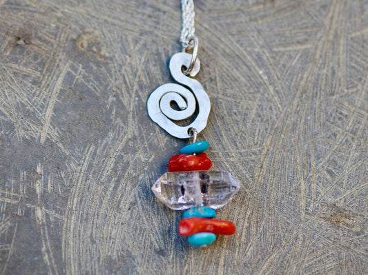 Tibetan Quartz DT Crystal, Turquoise, Red Coral, and Sterling Silver Pendant Necklace