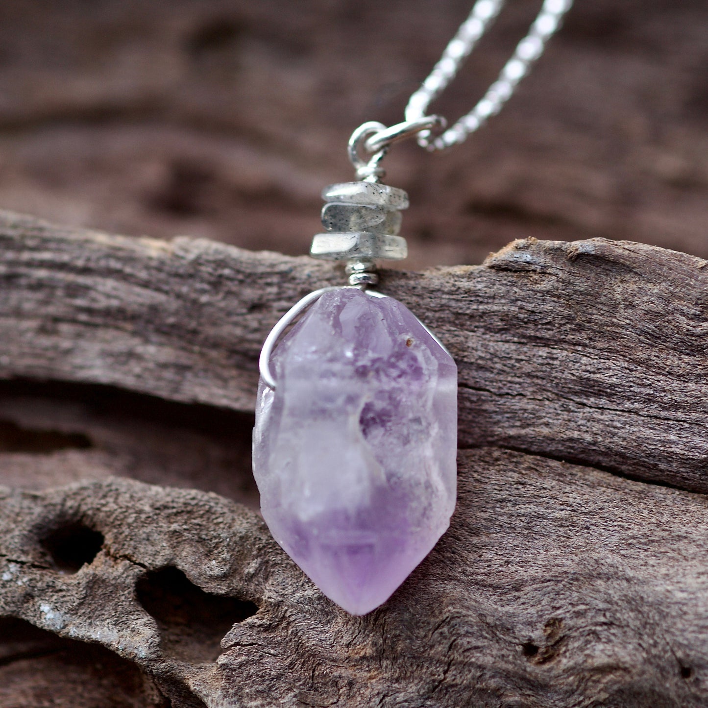 Double Termination Amethyst Crystal, Labradorite, and Sterling Silver Pendant Necklace