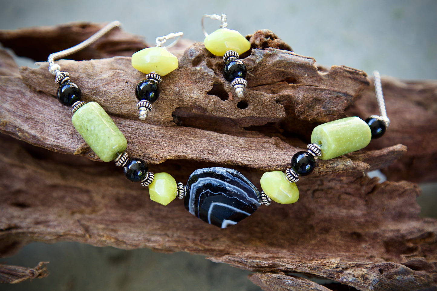 Black Banded Agate, Serpentine, Onyx, and Sterling Silver Necklace and Earrings Set