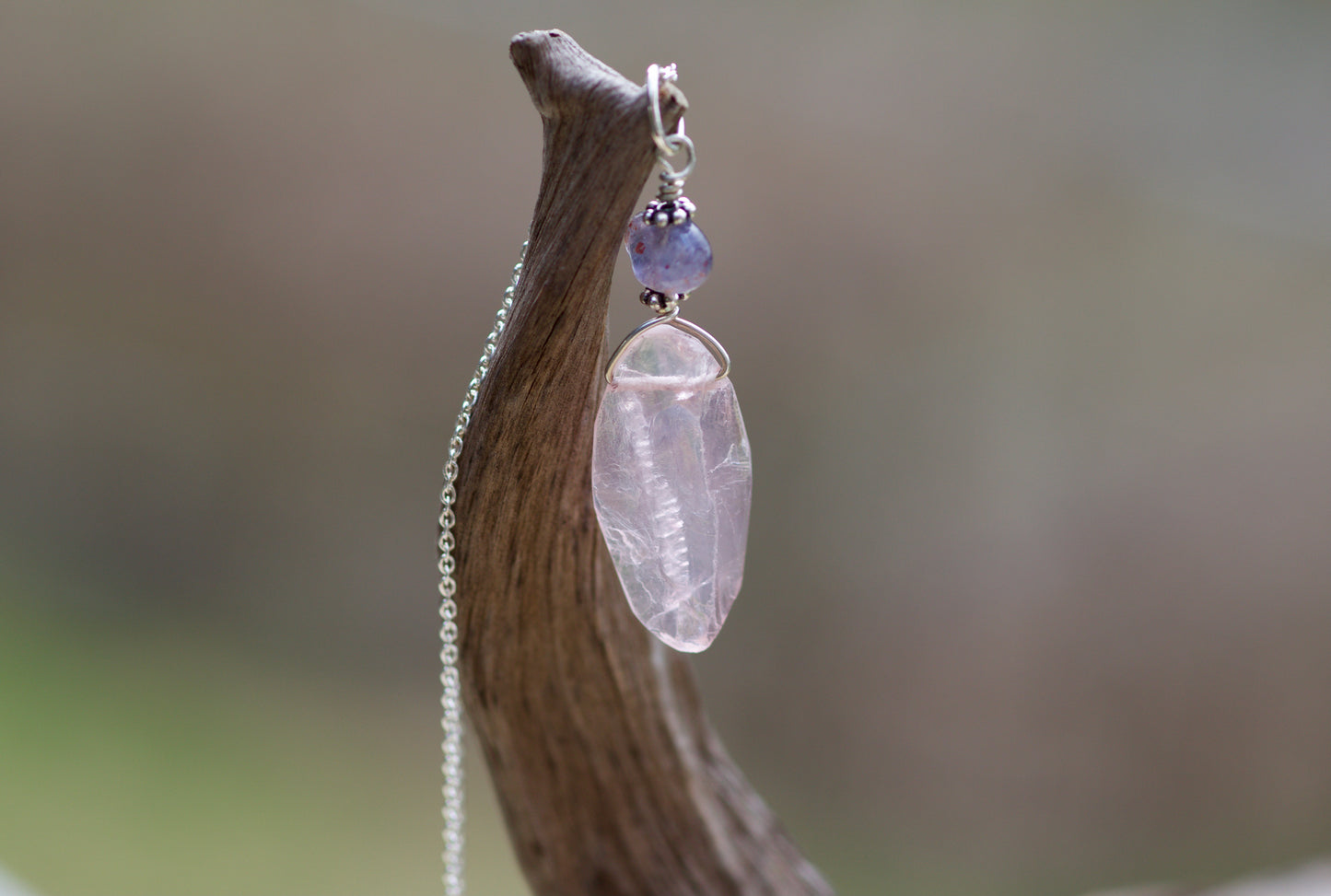 Iolite, Rose Quartz, and Sterling Silver Pendant Necklace