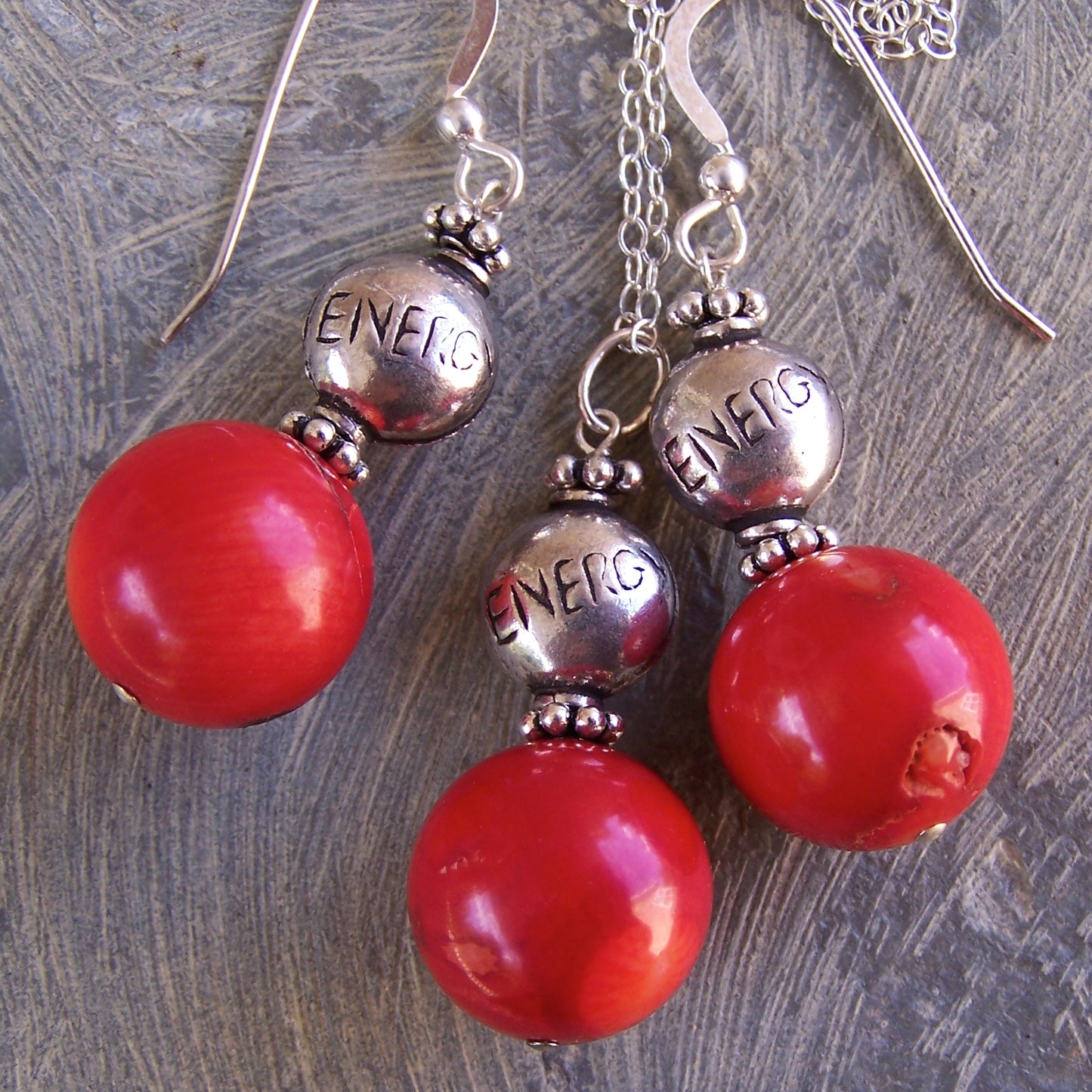 Sale! Red Coral, Sterling Silver "ENERGY" Affirmation Message Earrings and Pendant Set